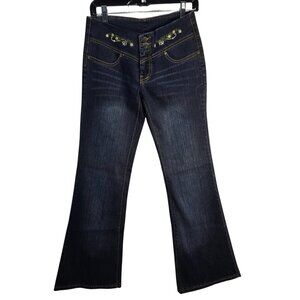 NWOT | Dark Wash Denim Flared Jeans Embroidered Floral | Size 29